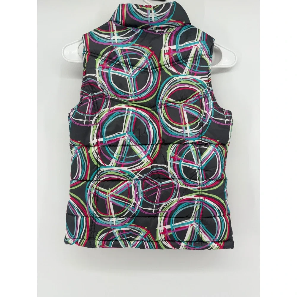 Old Navy Girl's Puffer‎ Vest Size M (8) Peace Sign Print Full Zip Colorful